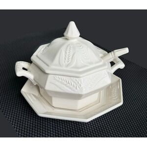 Vintage California Pottery Octagonal Soup Tureen w/ Lid Wheat Relief Ironstone